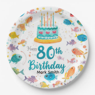 Fishing Lover 80th Birthday Watercolor Paper Plates