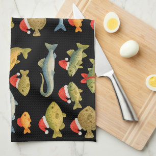 Fishing Lover Christmas Themed with Santa Hat Kitchen Towel