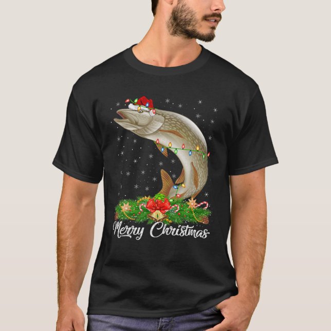 Fishing Lover Matching Santa Hat Pike Fish Christm T-Shirt (Front)
