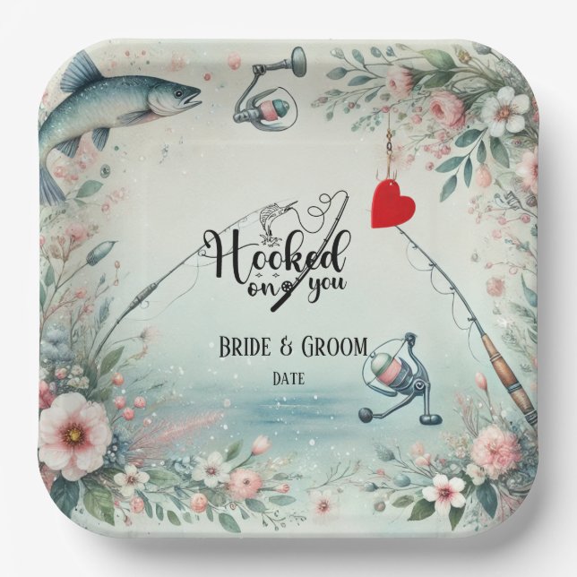 Fishing Lover wedding with rod and flowers  Paper Plates (Front)