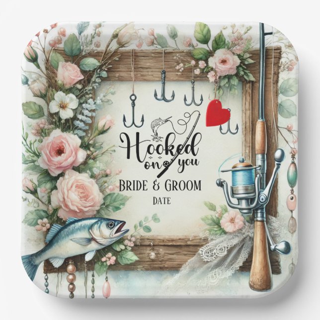 Fishing Lover wedding with rod and flowers  Paper Plates (Front)