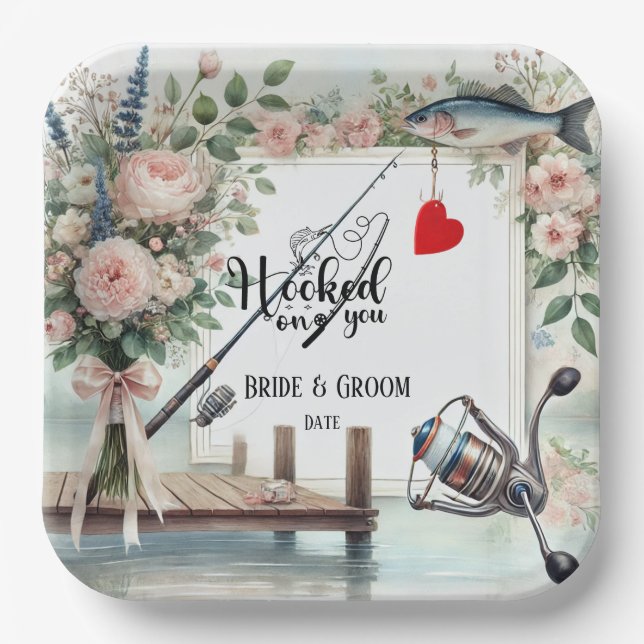 Fishing Lover wedding with rod and flowers  Paper Plates (Front)
