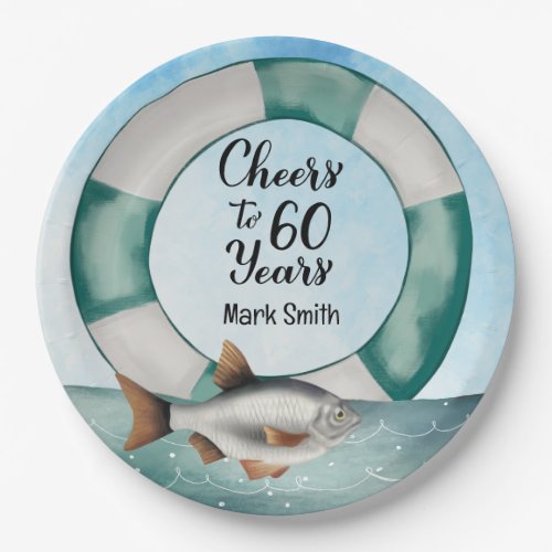 Fishing Lovers 60th Birthday watercolor Paper Plates