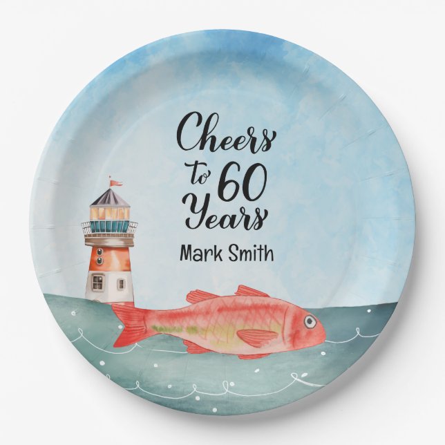 Fishing Lovers 60th Birthday watercolor Paper Plates (Front)