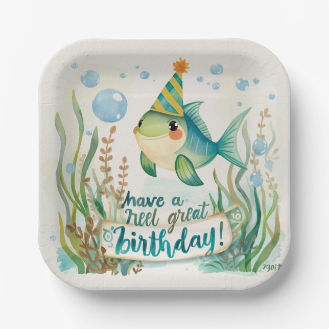 Fishing Lovers Birthday themed watercolor Paper Plates (Front)