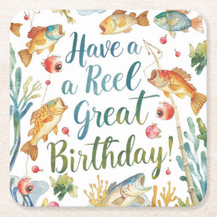 Fishing Lovers Birthday themed watercolor Square Paper Coaster
