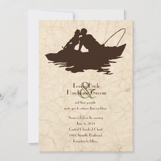 Fishing Lovers Brown Boat Wedding Invitation (Front)