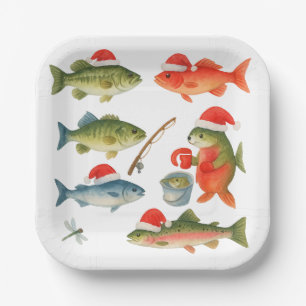 Fishing Lovers Christmas Holiday with Santa Fish Paper Plates