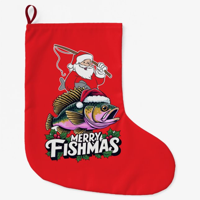 Fishing Lovers Christmas with Santa Claus Large Christmas Stocking (Front)