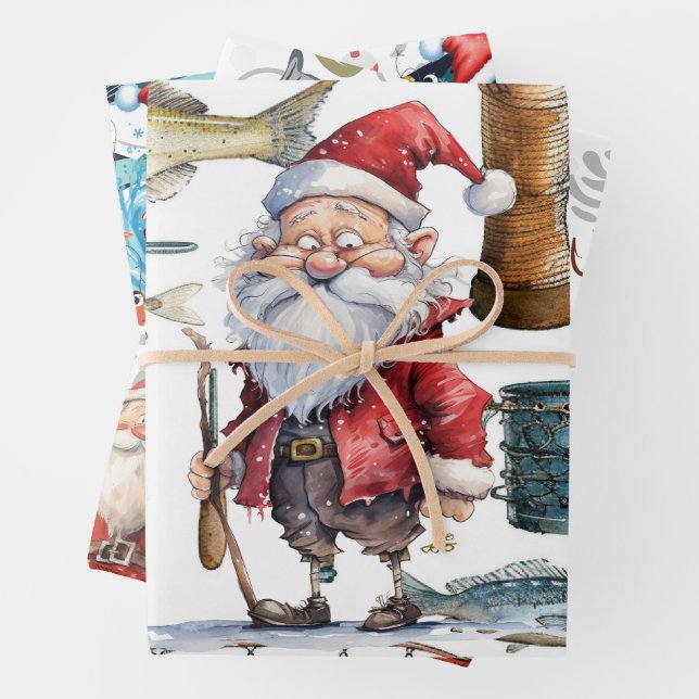 Fishing Lovers Christmas with Santa Claus Wrapping Paper Sheets (In situ)