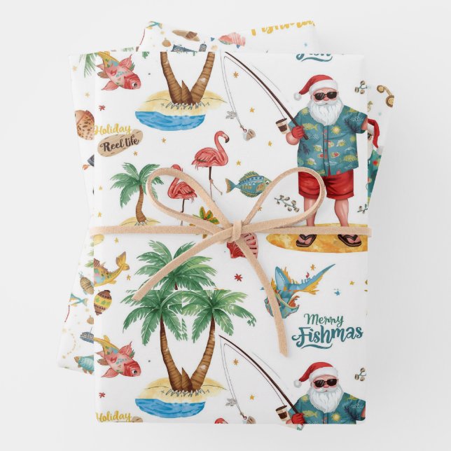 Fishing Lovers Christmas with Santa Claus Wrapping Paper Sheets (In situ)