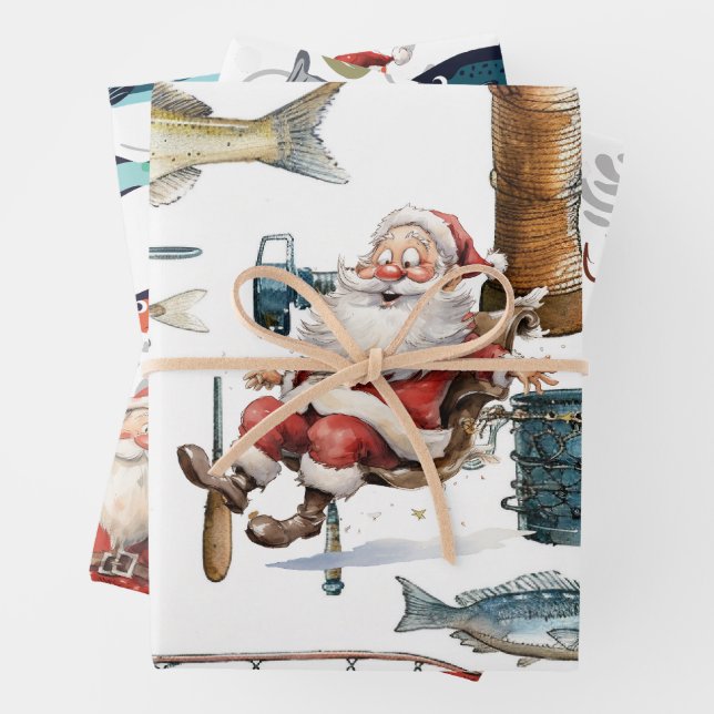 Fishing Lovers Christmas with Santa Claus Wrapping Paper Sheets (In situ)