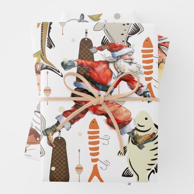 Fishing Lovers Christmas with Santa Claus Wrapping Paper Sheets (In situ)