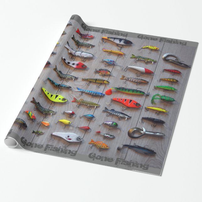 Fishing Lure Gift Wrap Gone Fishing Wrapping Paper (Unrolled)