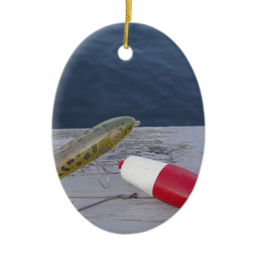 fishing lures at the lake red white blue... ceramic ornament