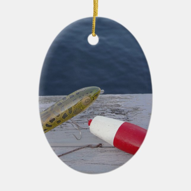 fishing lures at the lake red white blue... ceramic ornament (Front)