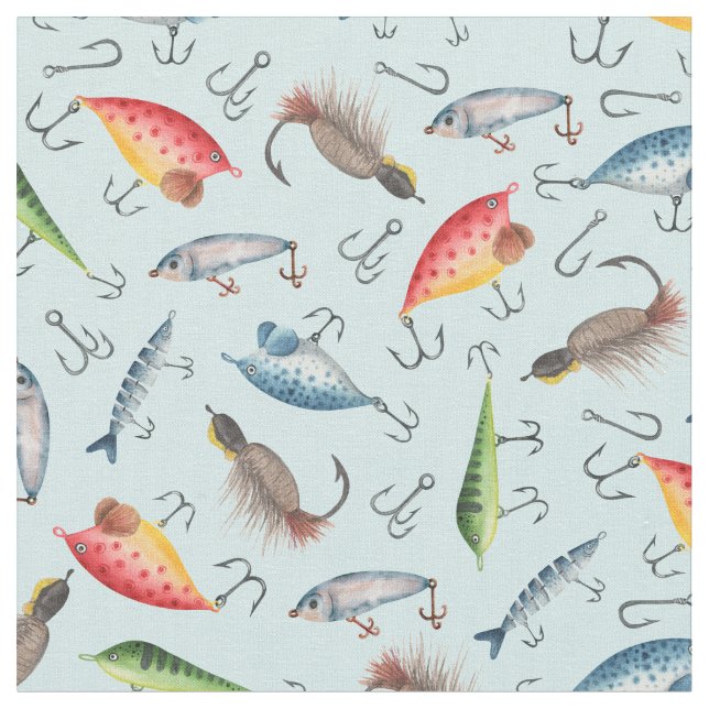 Fishing Lures on Celeste Blue Fabric (Close Up)