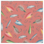 Fishing Lures on Dark Coral Pink Fabric