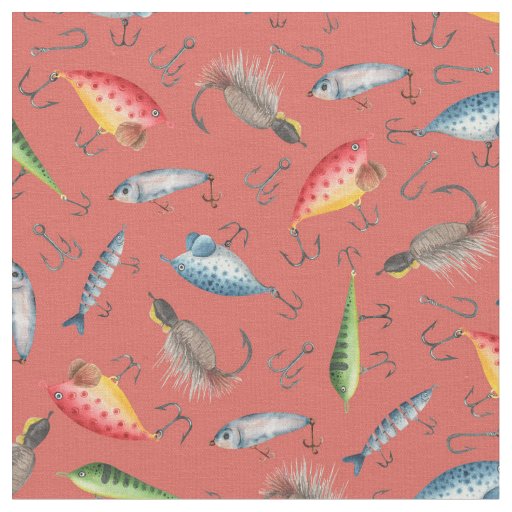 Fishing Lures on Dark Coral Pink Fabric
