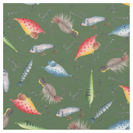 Fishing Lures on Forest Green Fabric