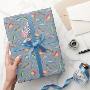 Fishing Lures on Grey-Blue Wrapping Paper