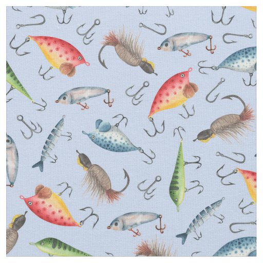 Fishing Lures on Light Blue Fabric