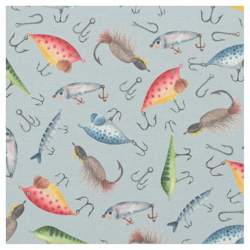 Fishing Lures on Light Blue-Gray Fabric