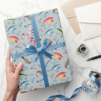 Fishing Lures on Light Blue-Gray Wrapping Paper