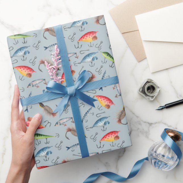 Fishing Lures on Light Blue-Gray Wrapping Paper (Gifting)