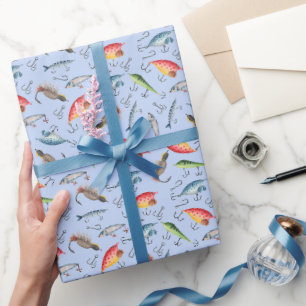 Fishing Lures on Light Blue Wrapping Paper