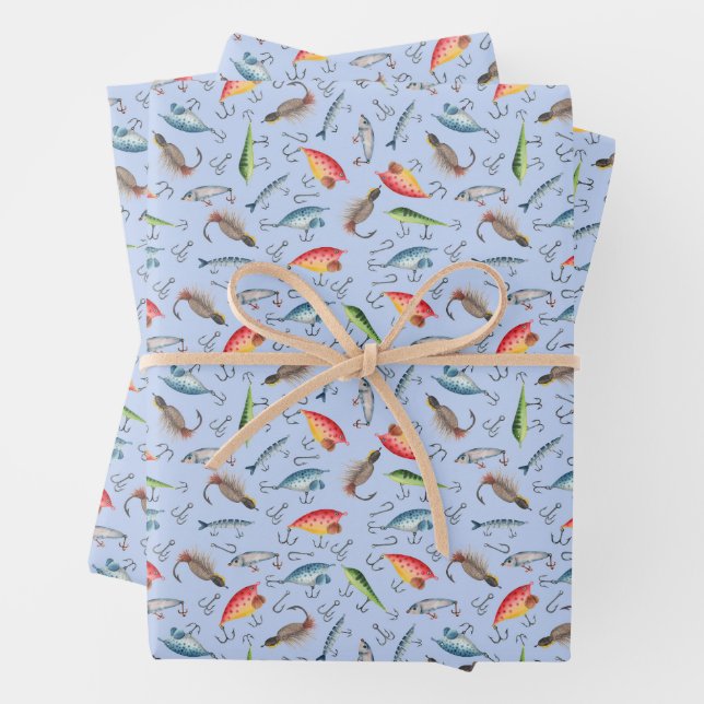 Fishing Lures on Light Blue Wrapping Paper Sheets (In situ)