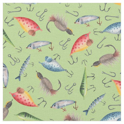 Fishing Lures on Light Spring Green Fabric