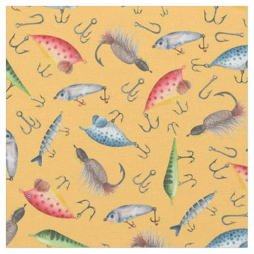 Fishing Lures on Mustard Yellow Fabric