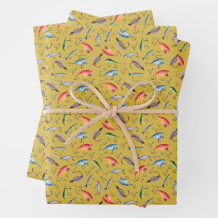 Fishing Lures on Mustard Yellow Wrapping Paper Sheets