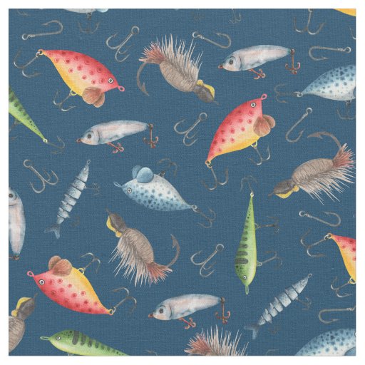 Fishing Lures on Navy Blue Fabric
