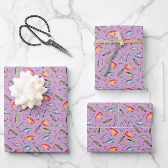 Fishing Lures on Purple Wrapping Paper Sheets (Front)