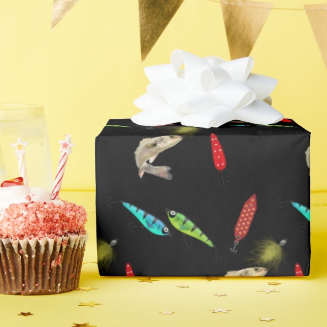 Fishing Lures With Fish On Black Wrapping Paper (Birthday Party)