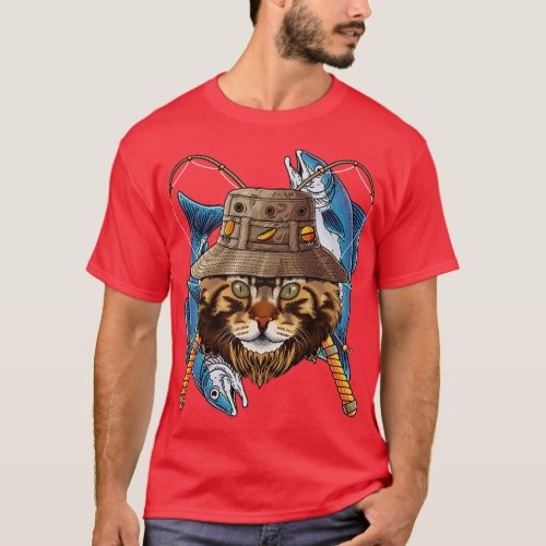 Fishing Maine Coon Outdoor Fisherman Cat Cute Fly  T_Shirt