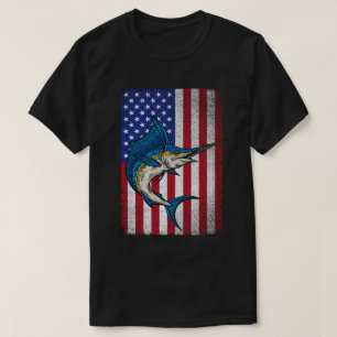 Fishing Marlin Swordfish Fish USA American Flag  T-Shirt