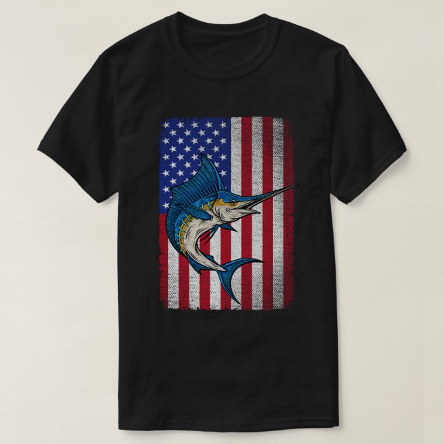 Fishing Marlin Swordfish Fish USA American Flag  T-Shirt (Design Front)