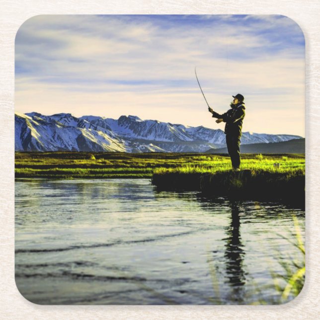 Fishing Mountain Lake Fisherman Square Paper Coaster (Front)