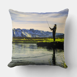 Fishing Mountain Lake Fisherman Throw Pillow