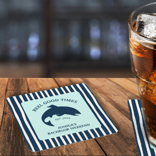 Fishing Navy Bachelor Party Reel Good Times  Square Paper Coaster