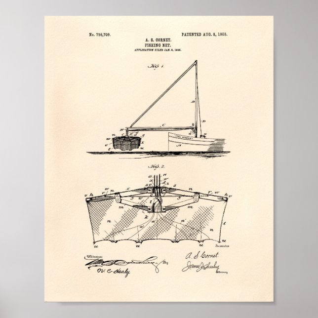 Fishing Net 1905 Patent Art Old Peper Poster (Front)