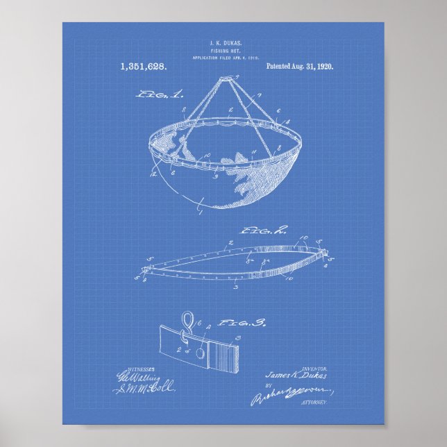 Fishing Net 1920 Patent Art Blueprint Poster (Front)