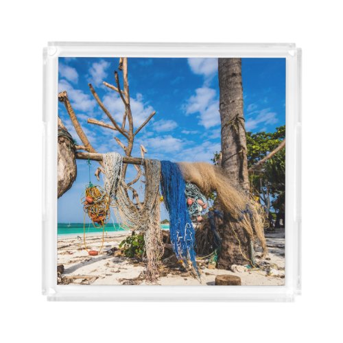 Fishing nets drying on the beach acrylic tray