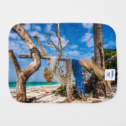 Fishing nets drying on the beach baby burp cloth