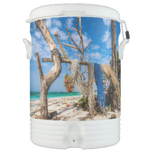 Fishing nets drying on the beach beverage cooler