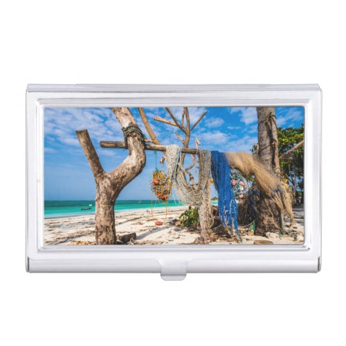 Fishing nets drying on the beach business card case