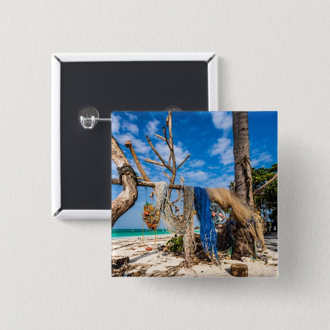 Fishing nets drying on the beach button (Front & Back)